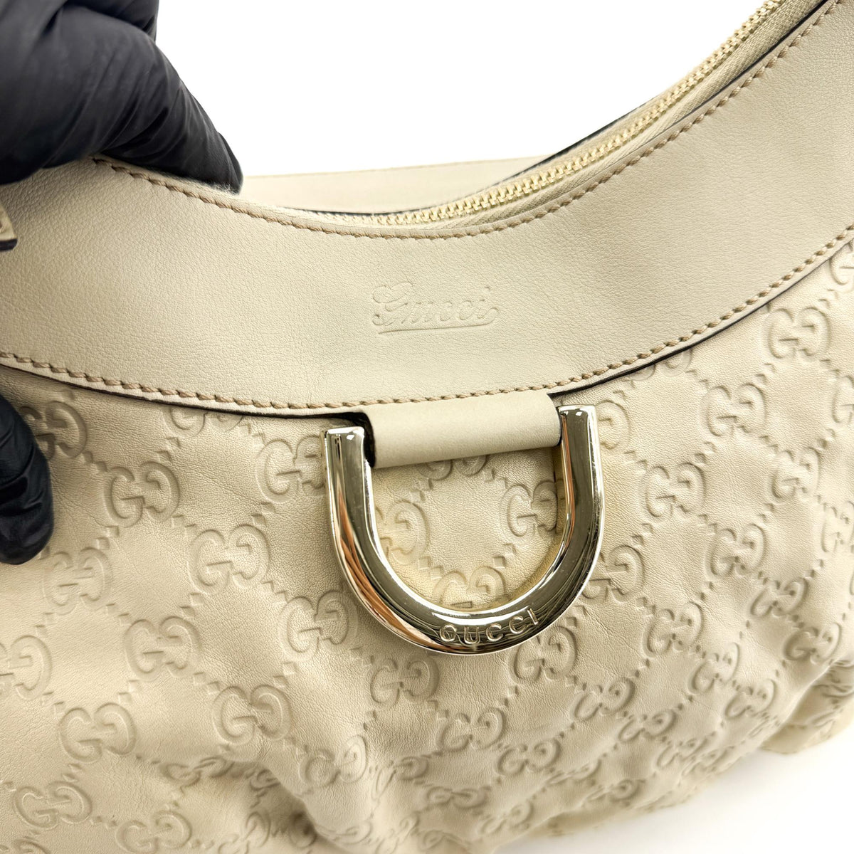 Gucci D Gold Hobo Guccissima Leather, Beige, Leather, Shoulder Bag