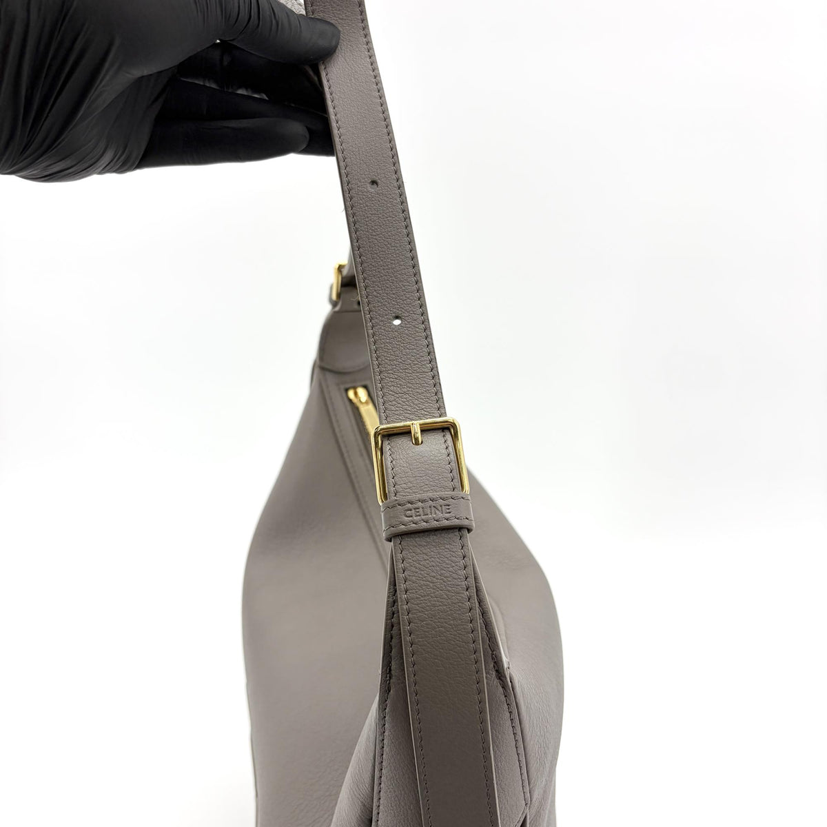 Celine Heloise Triomphe Embossed Leather, Gray, Leather, Shoulder Bag