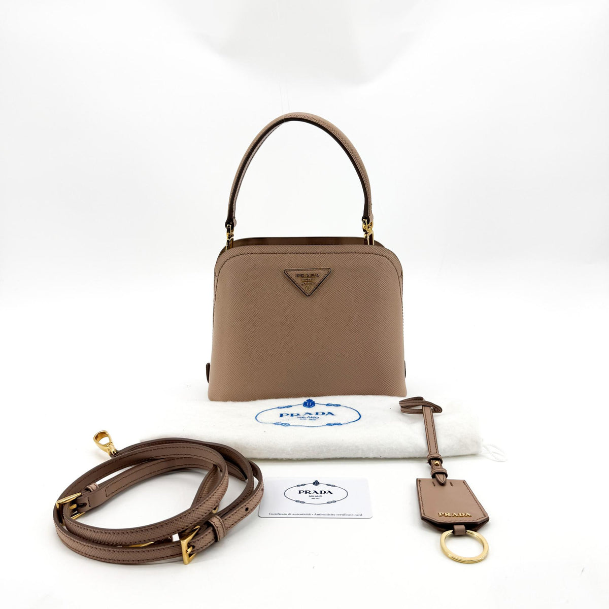 Prada Matinee Top Handle Saffiano Leather, Beige, Leather, Handbag