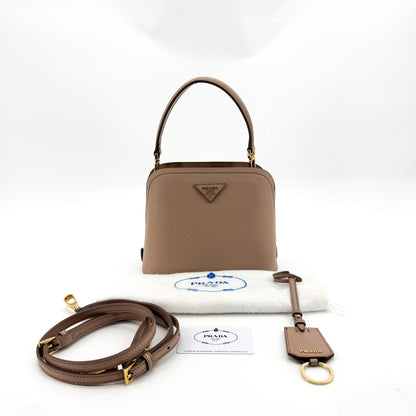 Prada Matinee Top Handle Saffiano Leather, Beige, Leather, Handbag