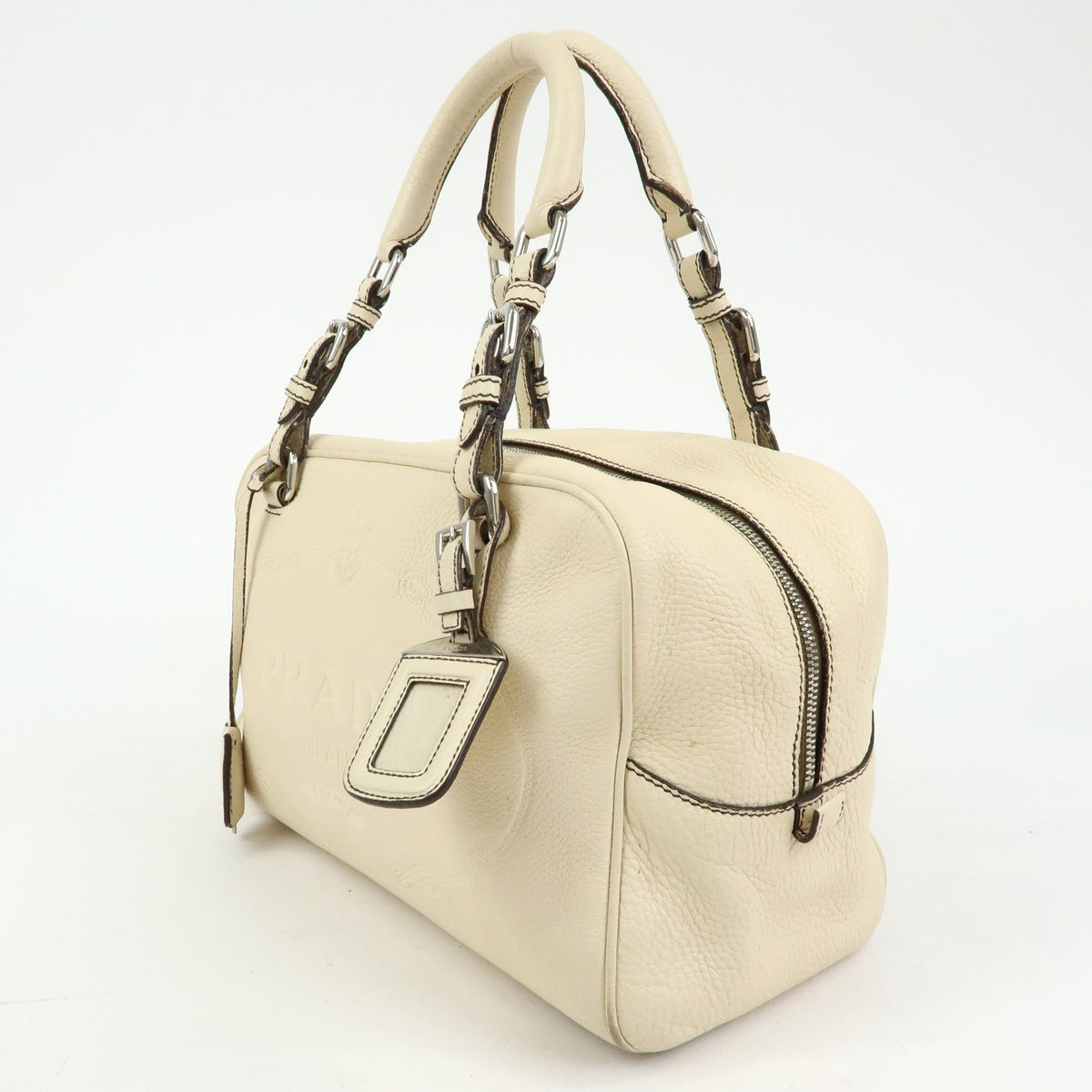 Prada Embossed Logo Bauletto Vitello Daino, Beige, Leather, Handbag