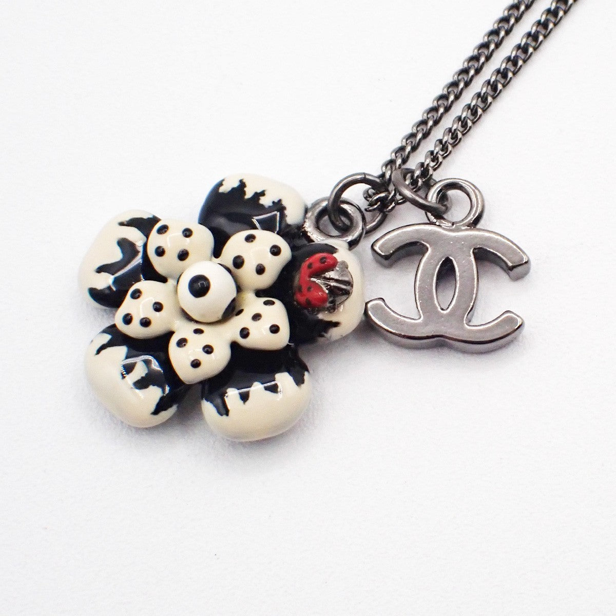 Chanel CC Flower Ladybug Silver Plated and Acrylic, Silver, Metal, Necklace