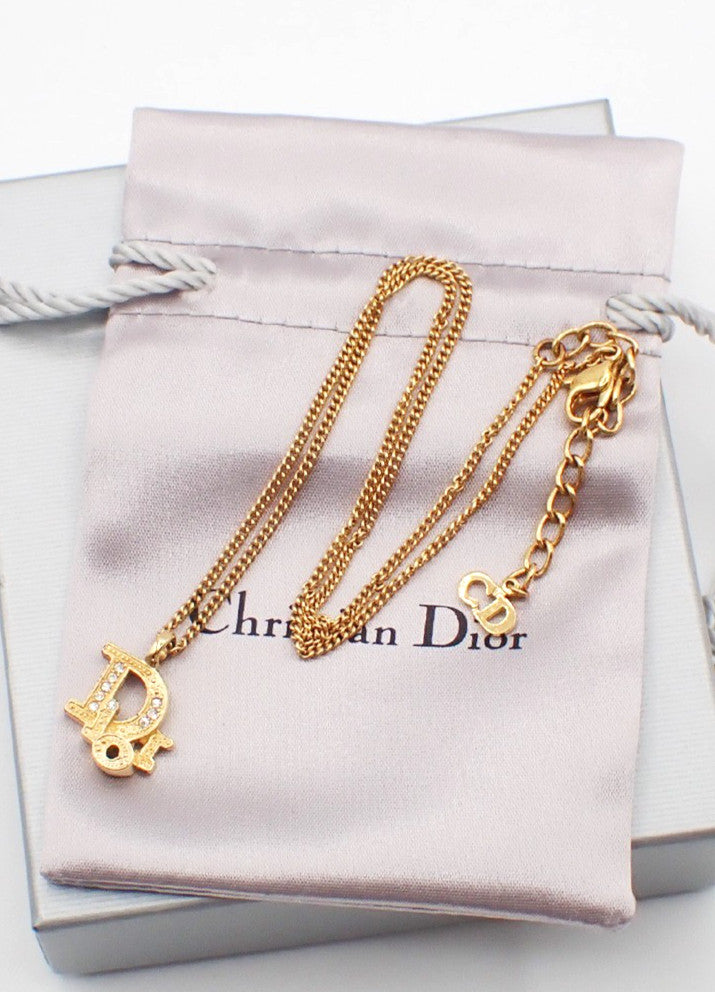 Christian Dior Vintage Dior Logo Metal and Crystal, Gold, Gold Plated, Necklace