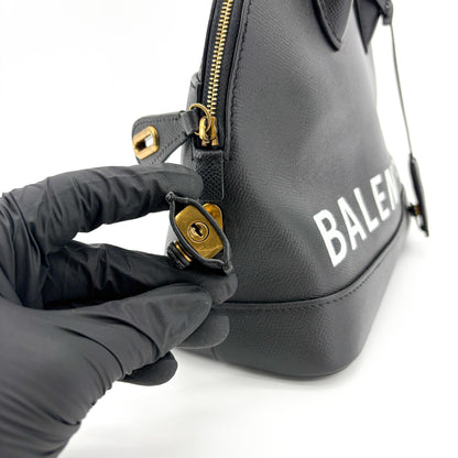 Balenciaga Logo Ville Leather, Black, Calfskin, Handbag