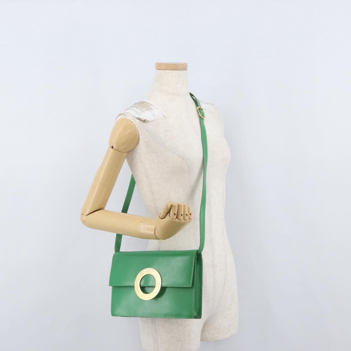 Celine Circle Logo Leather, Green, Leather, Shoulder Bag