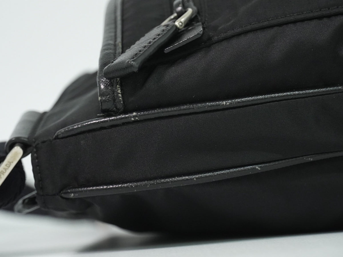 Prada Front Zip Messenger Quilted Tessuto, Black, Nylon, Shoulder Bag