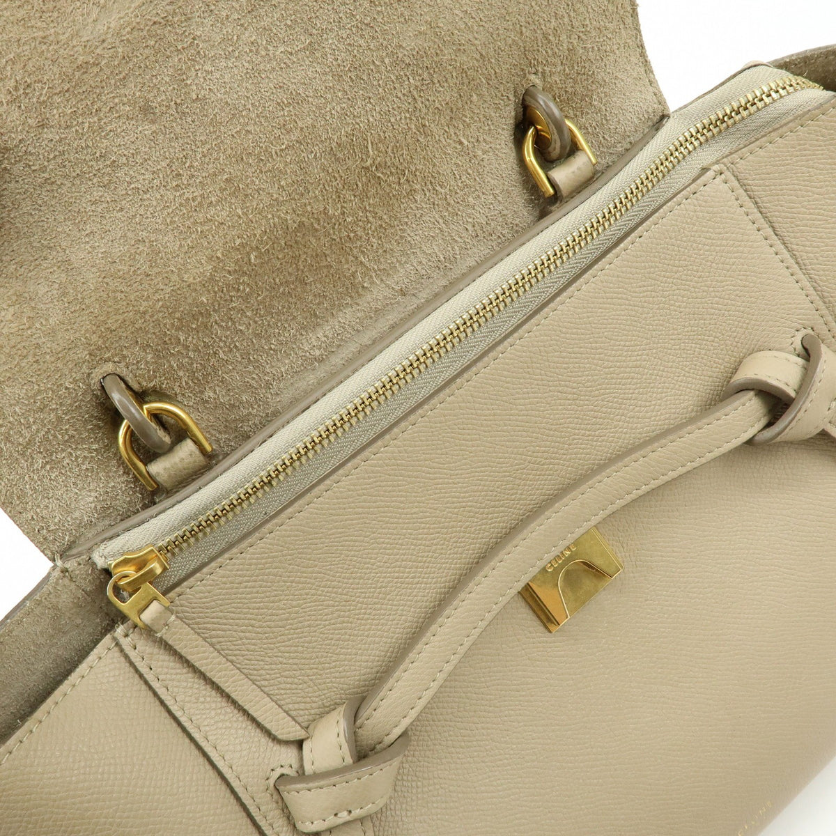 Celine Belt Textured Leather, Beige, Leather, Handbag
