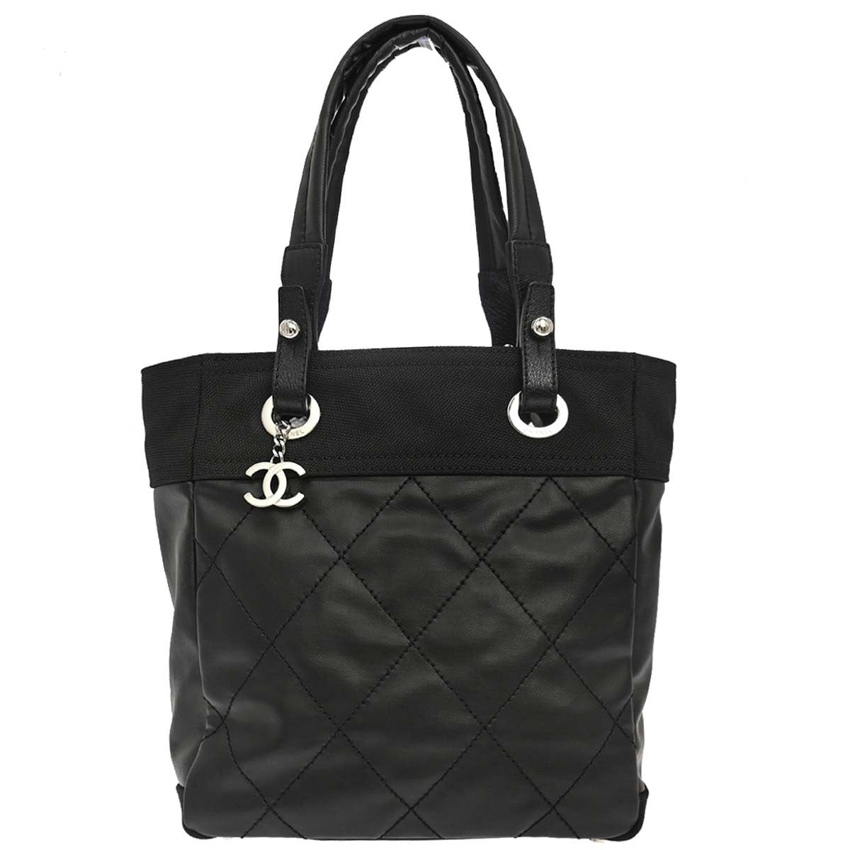 Chanel Biarritz Tote Quilted Coated Canvas, Black, Canvas, Tote Bag