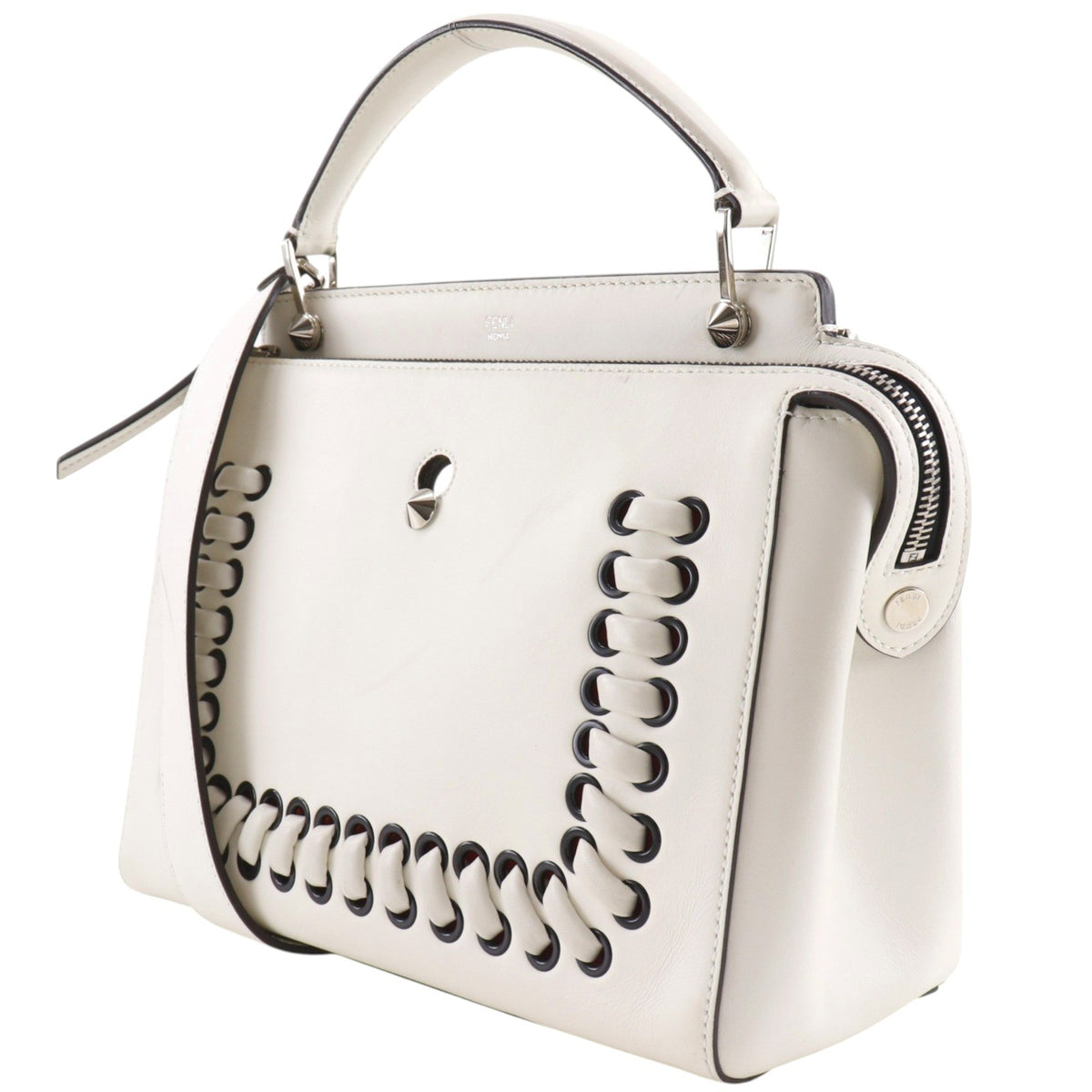 Fendi DotCom Convertible Satchel Whipstitch Leather, White, Leather, Handbag