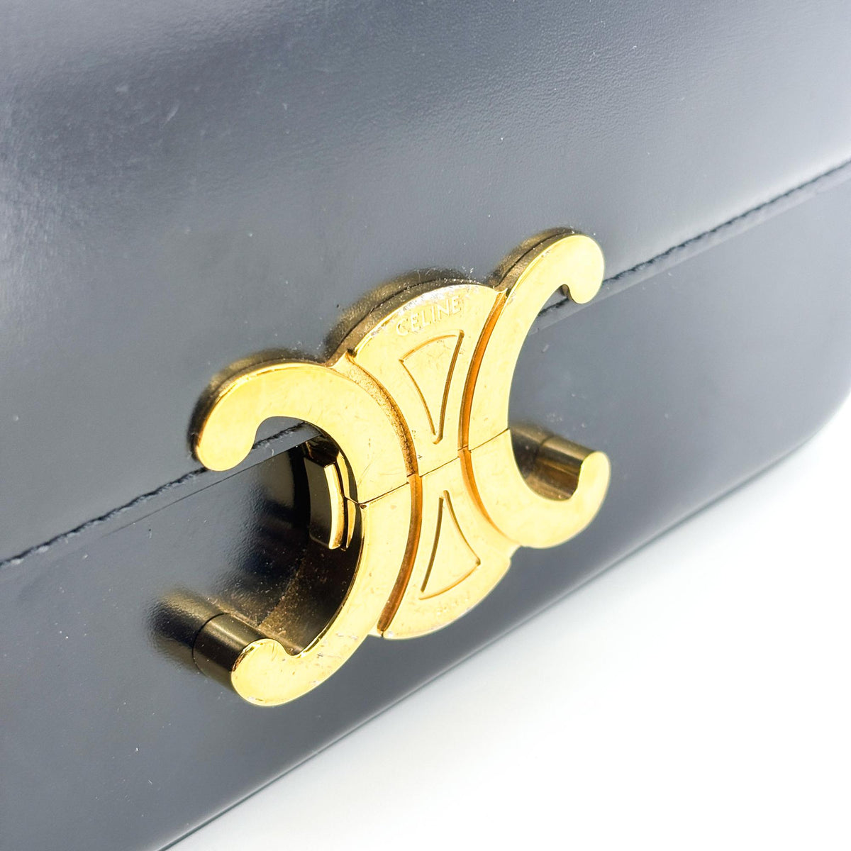 Celine Triomphe East-West Smooth Calfskin, Black, Leather, Shoulder Bag