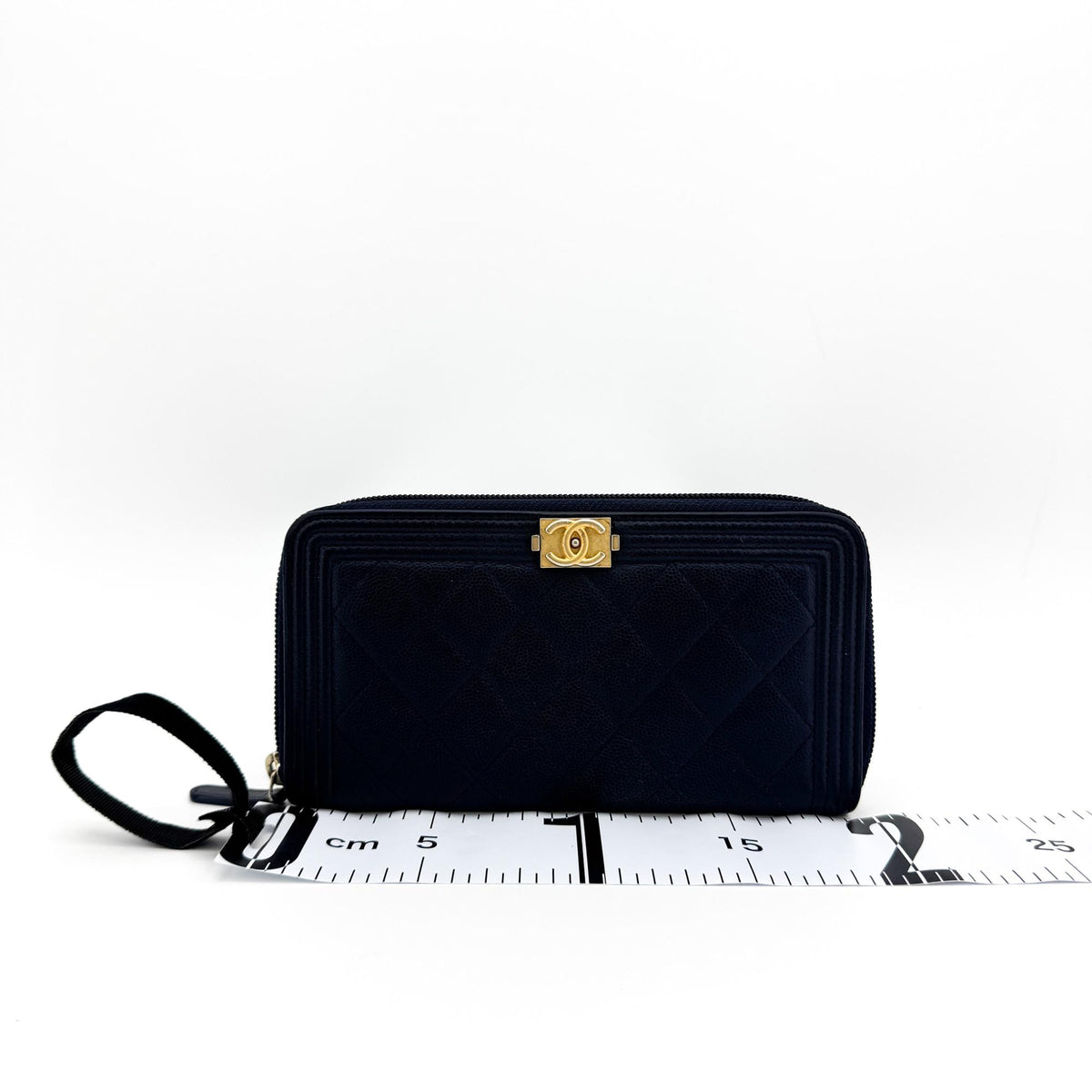 Chanel Boy Zip Around Quilted Caviar, Black, Leather, Wallet