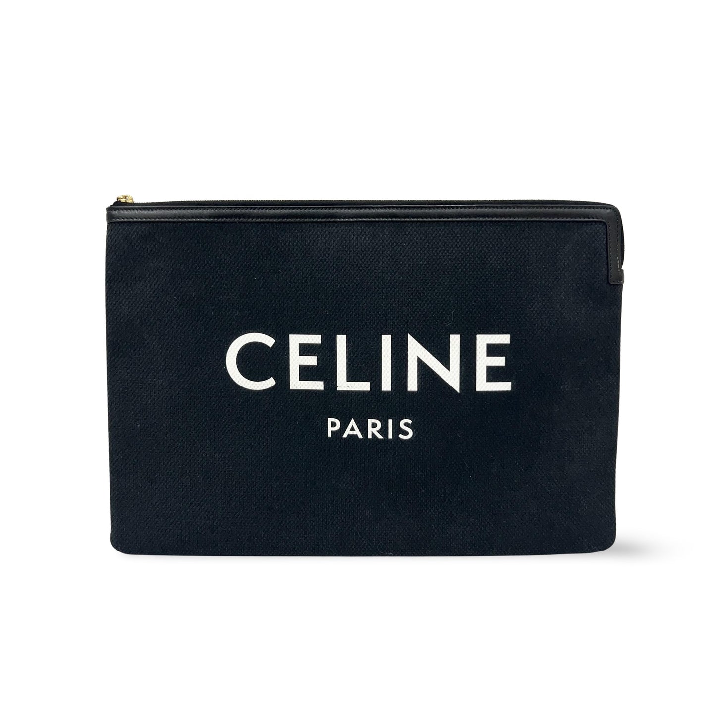 Celine Logo Zip Pouch Floral Jacquard with Leather, Black, Canvas, Clutch