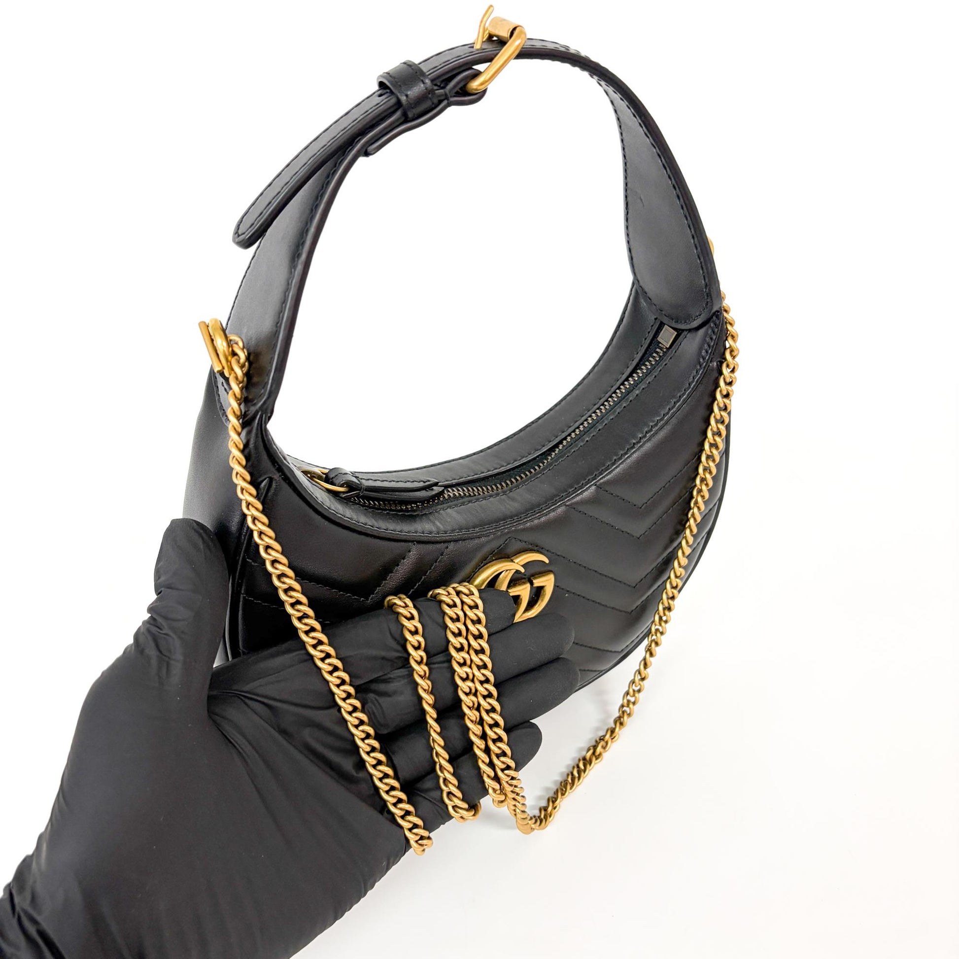 Gucci GG Marmont Half Moon Hobo Matelasse Leather, Black, Leather, Shoulder Bag