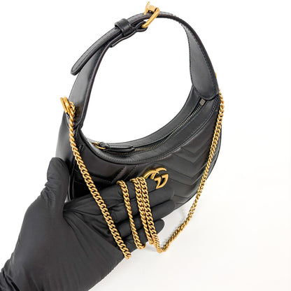 Gucci GG Marmont Half Moon Hobo Matelasse Leather, Black, Leather, Shoulder Bag