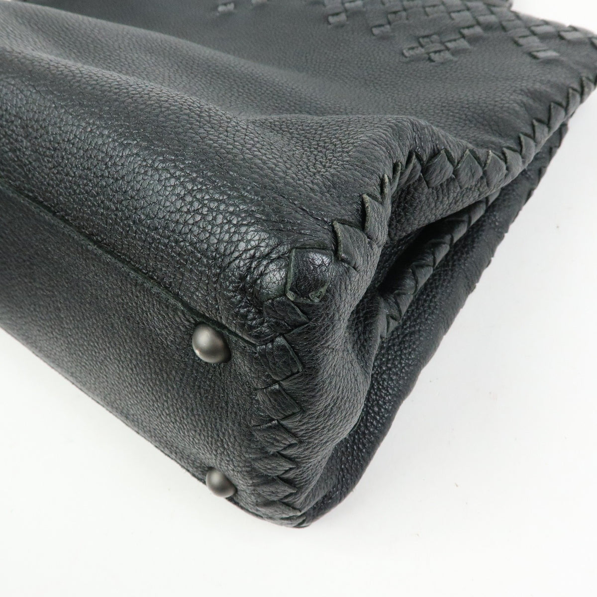 Bottega Veneta A-Shape Leather with Intrecciato Detail, Black, Leather, Tote Bag