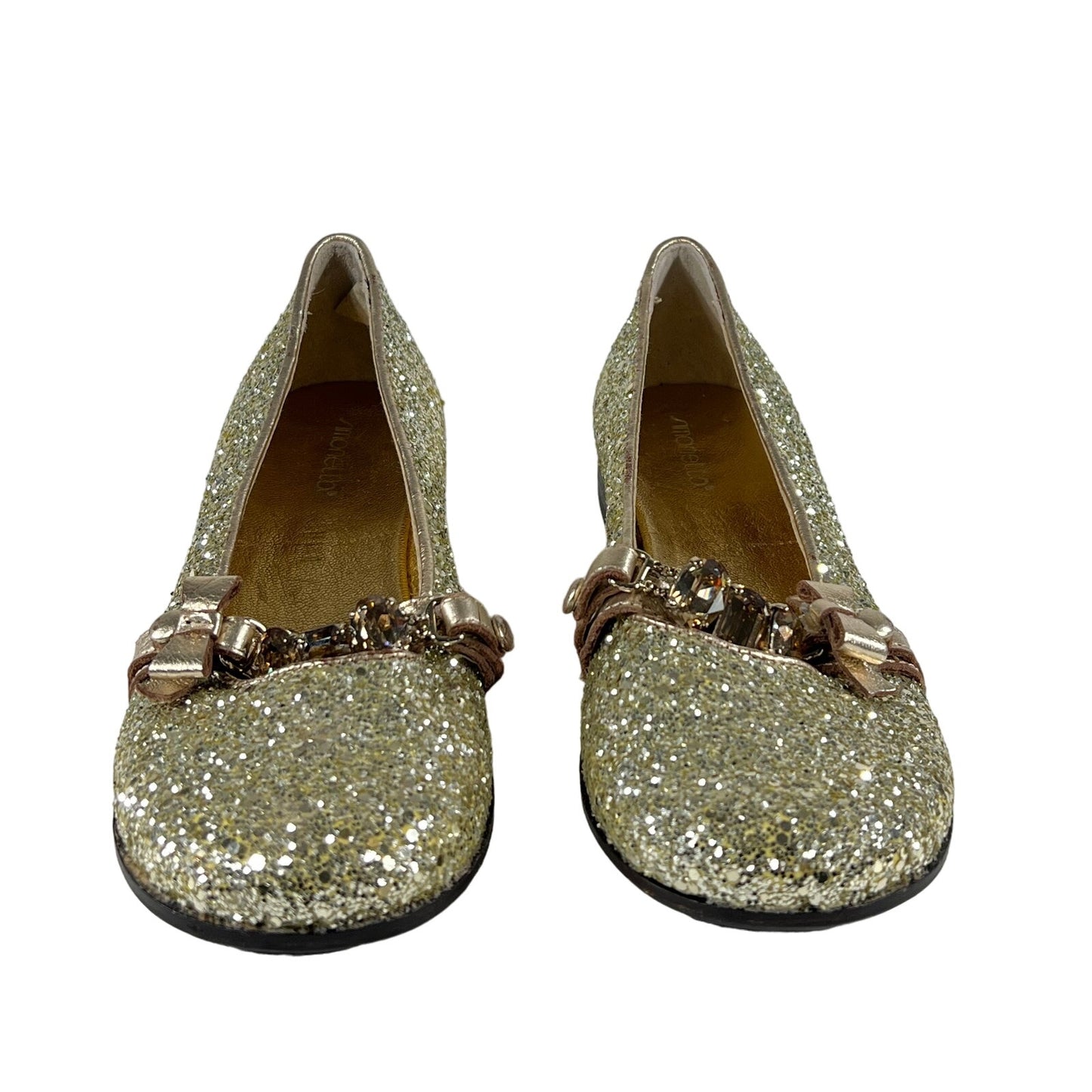 Simonetta Flat Ballet Shoes Womens 37 EU Metallic Gold Glitter Stones Bow Strap