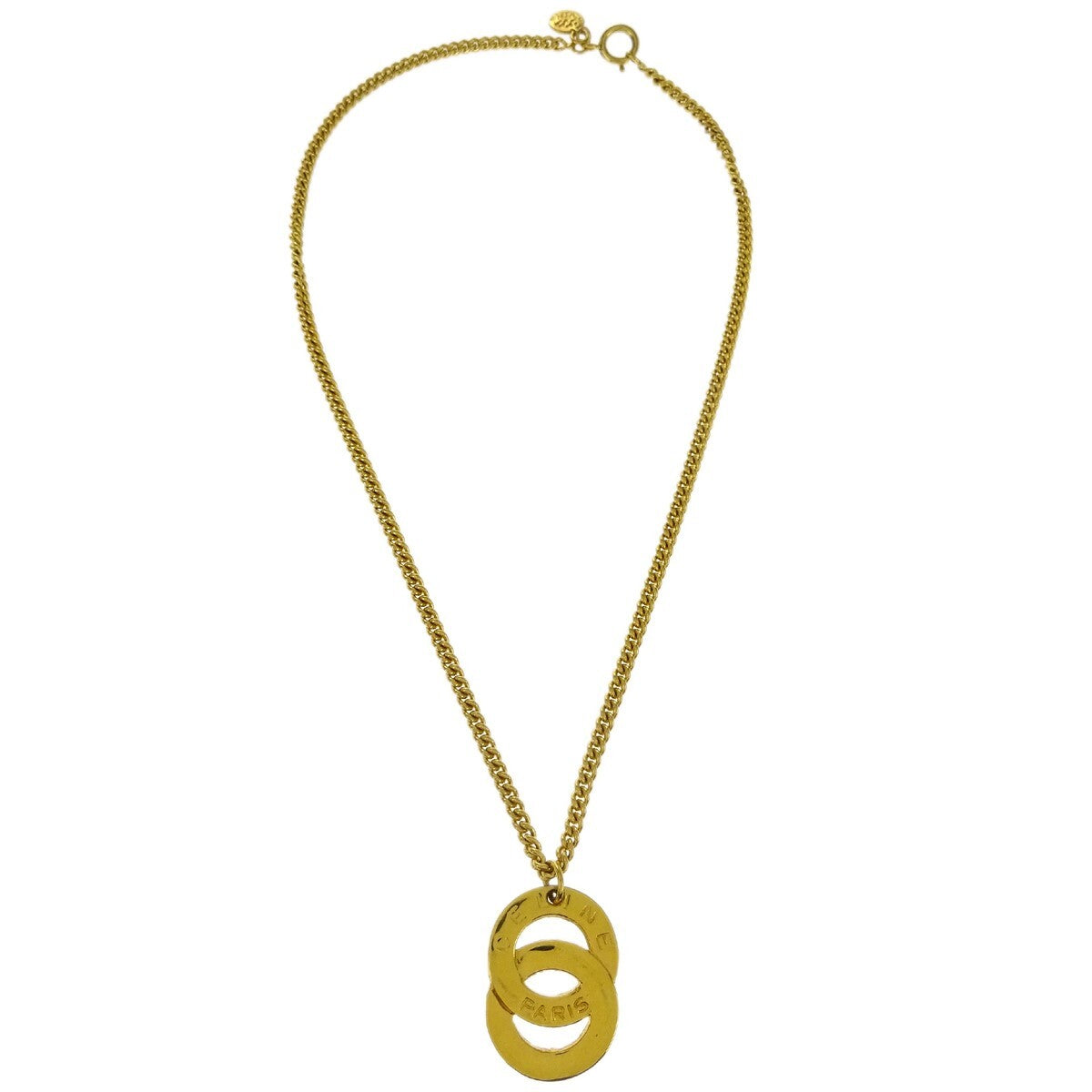 Celine Vintage Logo Circle Pendant Metal, Gold, Gold Plated, Necklace