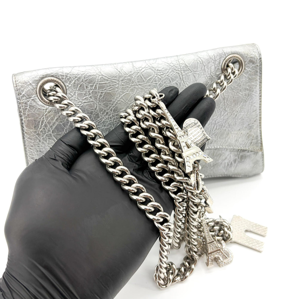 Balenciaga Crush Charm Chain Flap Leather, Silver, Leather, Handbag