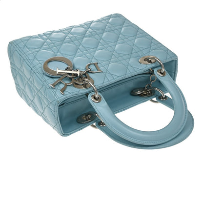 Christian Dior Lady Dior Cannage Quilt Lambskin, Blue, Leather, Handbag