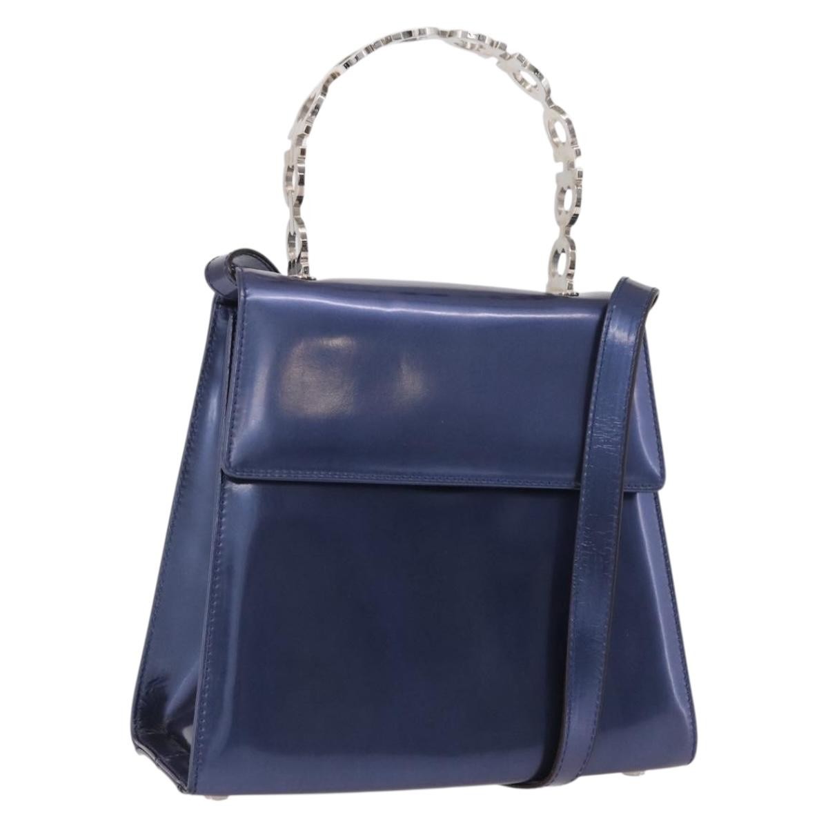 Salvatore Ferragamo Gancini Envelope Top Handle Leather, Navy, Patent Leather, Handbag