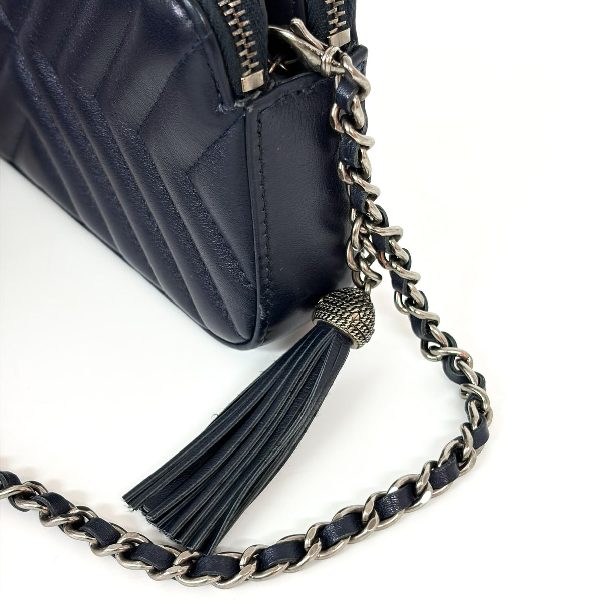 Chanel CC Double Zip Clutch with Chain Chevron Lambskin, Navy, Leather, Clutch