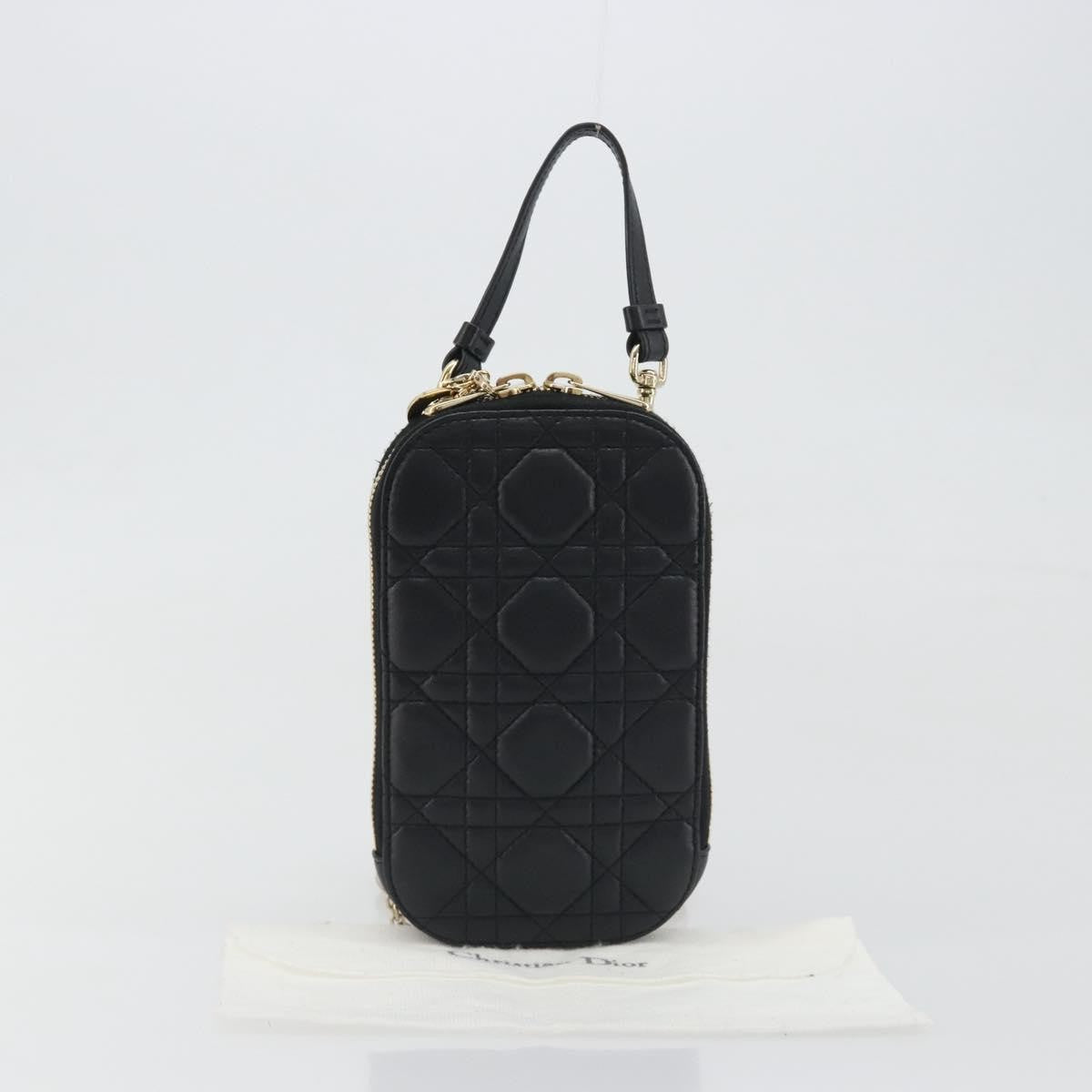 Christian Dior Lady Dior Phone Holder on Chain Cannage Quilt Lambskin, Black, Leather, Shoulder Bag