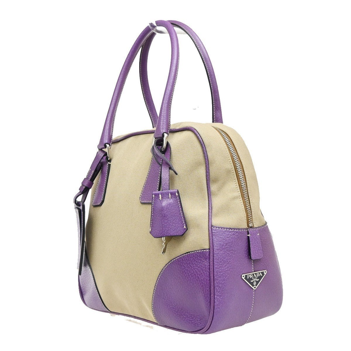Prada Bowler Canvas with Leather, Beige, Canvas, Shoulder Bag