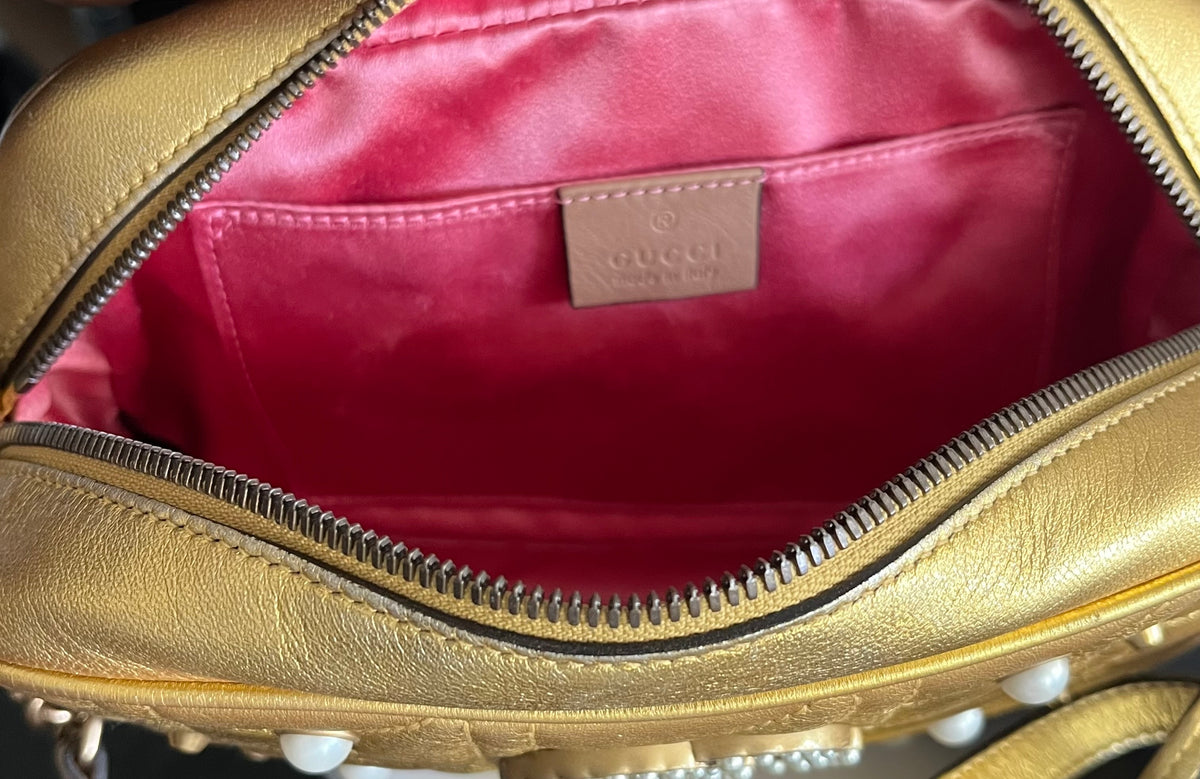 Gucci Pearly GG Marmont Embellished Matelasse Leather, Gold, Leather, Shoulder Bag