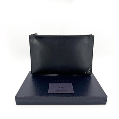 Prada Wristlet Zip Clutch Vitello Daino, Black, Leather, Clutch
