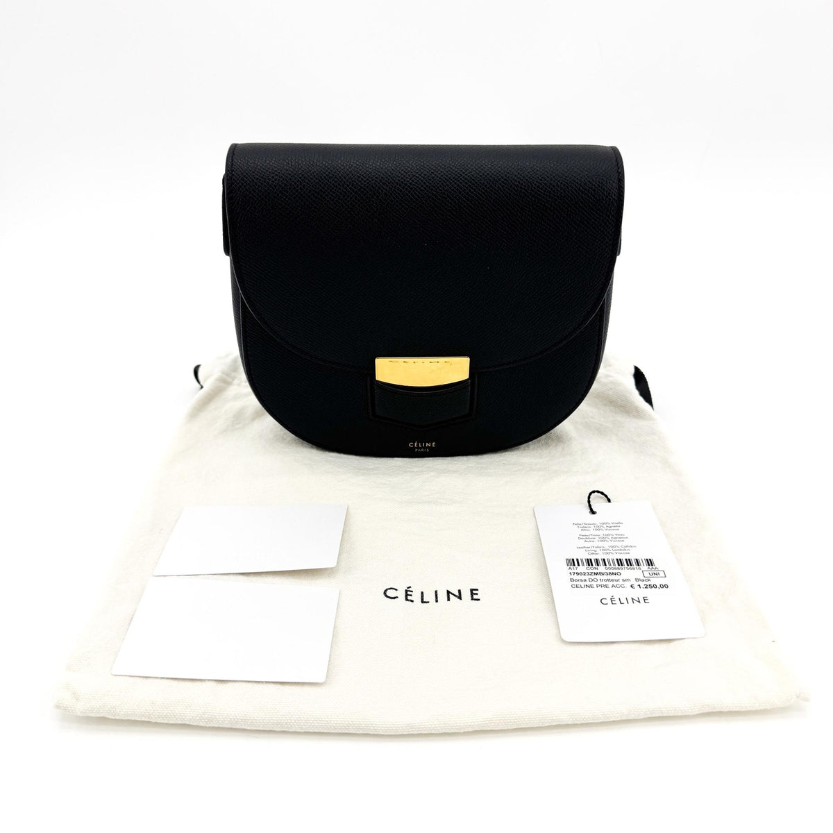 Celine Trotteur Calfskin, Black, Leather, Crossbody Bag