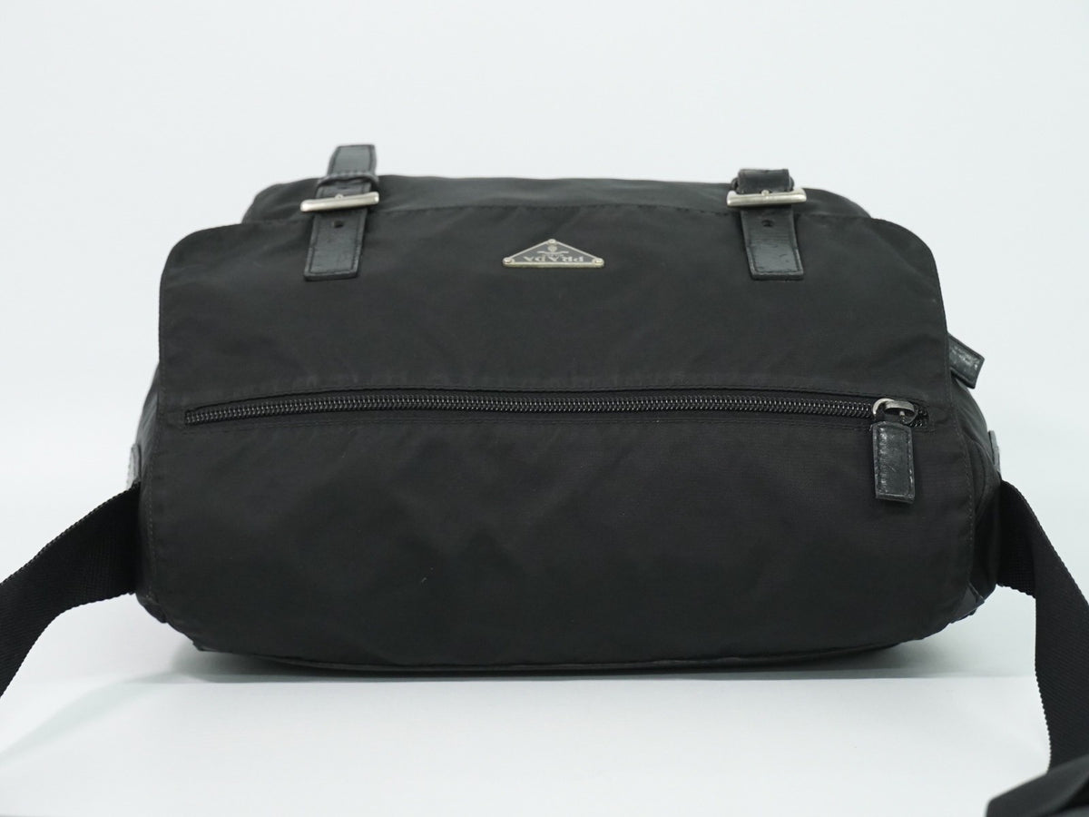 Prada Zip Buckle Messenger Tessuto, Black, Nylon, Shoulder Bag
