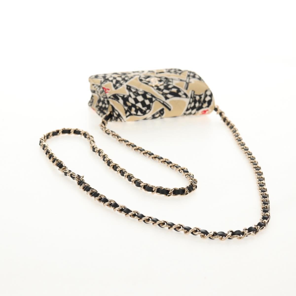 Chanel Flap Card Holder on Chain Quilted Printed Canvas, Beige, Satin, Shoulder Bag