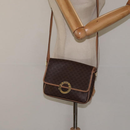 Celine Vintage Macadam Circle Logo Canvas and Leather, Brown, Canvas, Shoulder Bag