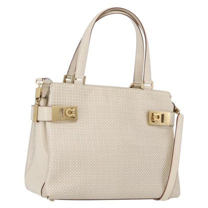Salvatore Ferragamo Double Gancini Side Buckle Tote Leather, Beige, Leather, Handbag