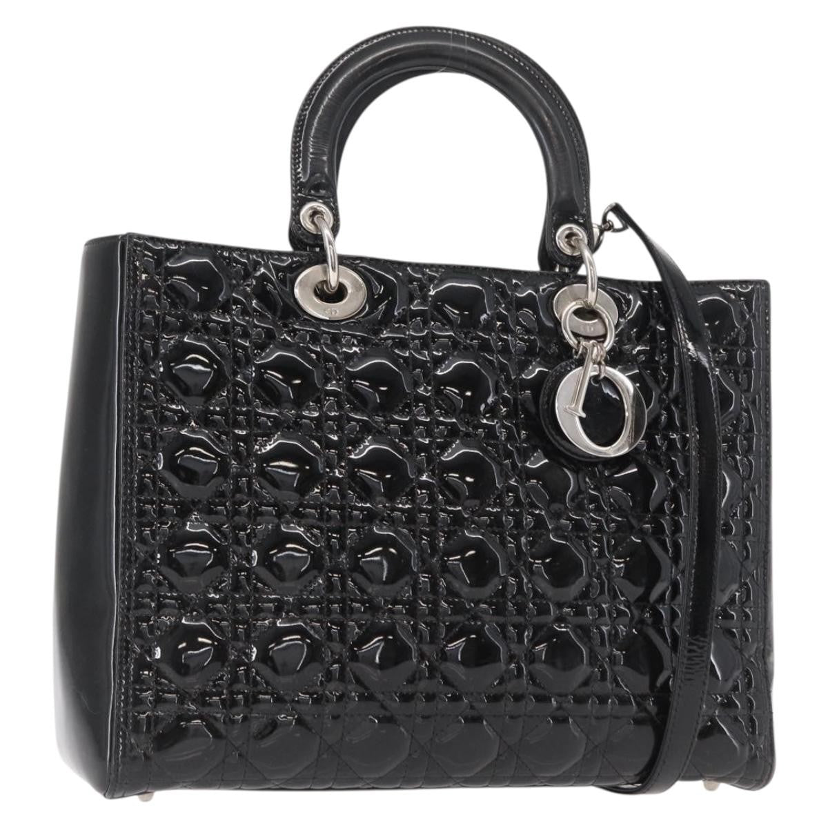 Christian Dior Lady Dior Cannage Stitch Patent, Black, Patent Leather, Handbag