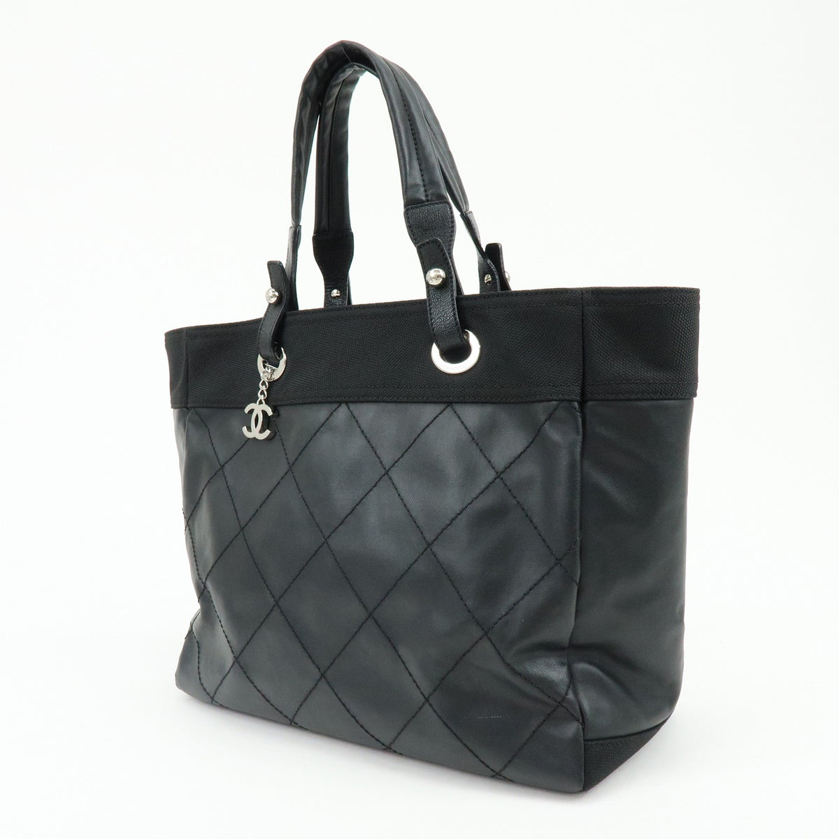 Chanel Biarritz Quilted Coated Canvas, Black, Leather, Tote Bag