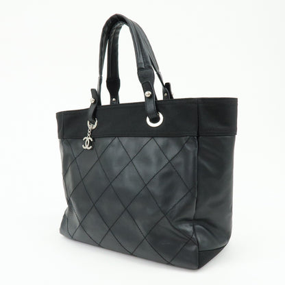 Chanel Biarritz Quilted Coated Canvas, Black, Leather, Tote Bag