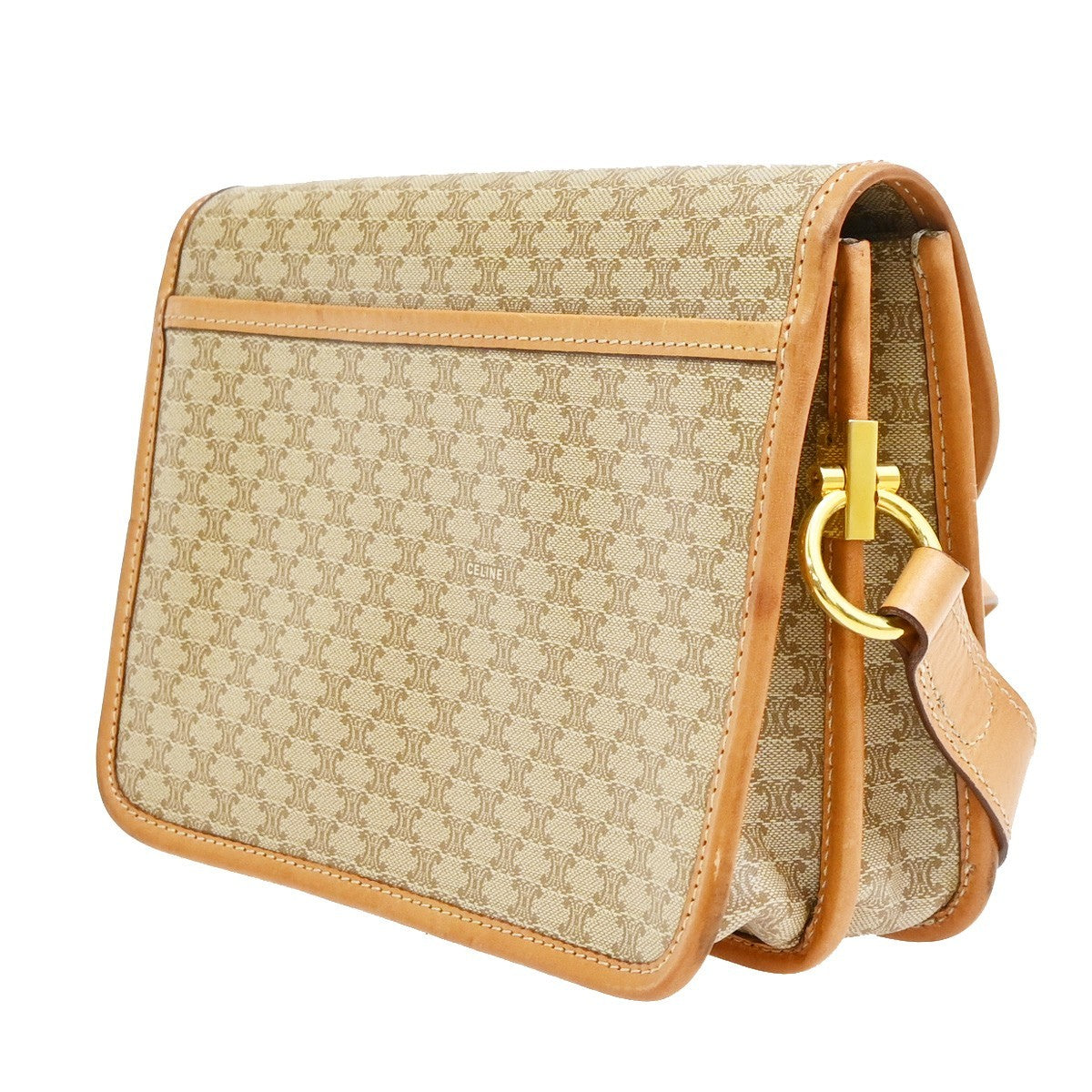 Celine Vintage Macadam Circle Logo Canvas and Leather, Beige, PVC, Shoulder Bag