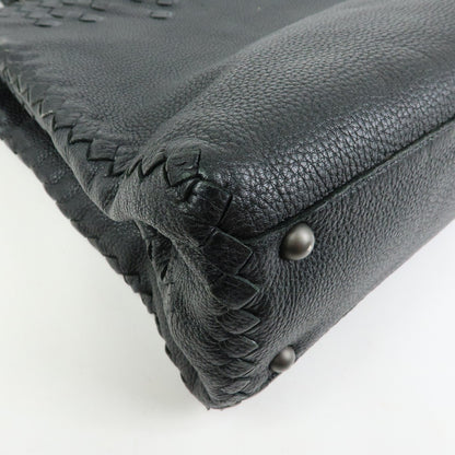 Bottega Veneta A-Shape Leather with Intrecciato Detail, Black, Leather, Tote Bag