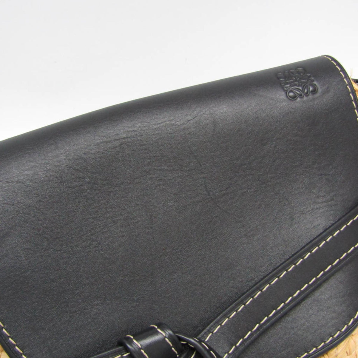 Loewe Gate Leather Leather with Raffia, Black, Leather, Shoulder Bag