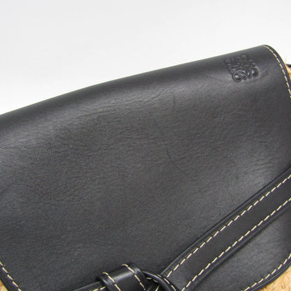 Loewe Gate Leather Leather with Raffia, Black, Leather, Shoulder Bag