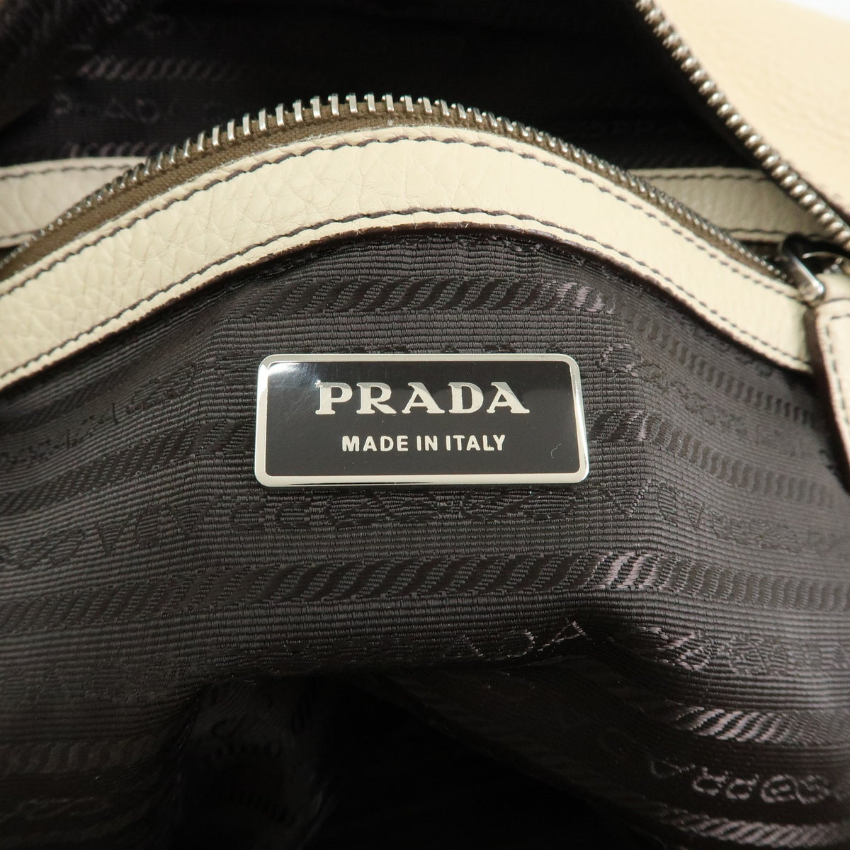 Prada Embossed Logo Bauletto Vitello Daino, Beige, Leather, Handbag