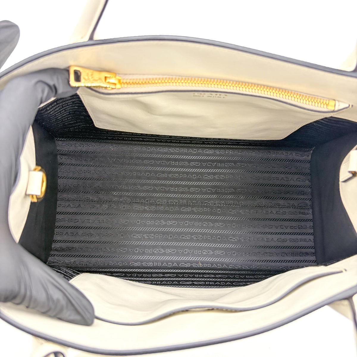 Prada Monochrome Saffiano with City Calf, White, Leather, Tote Bag