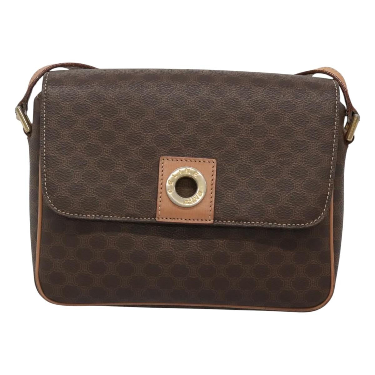 Celine Vintage Macadam Circle Logo Canvas and Leather, Brown, Canvas, Shoulder Bag