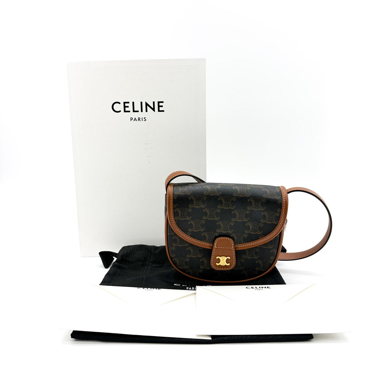 Celine Besace Flap Triomphe Coated Canvas, Black, Canvas, Handbag