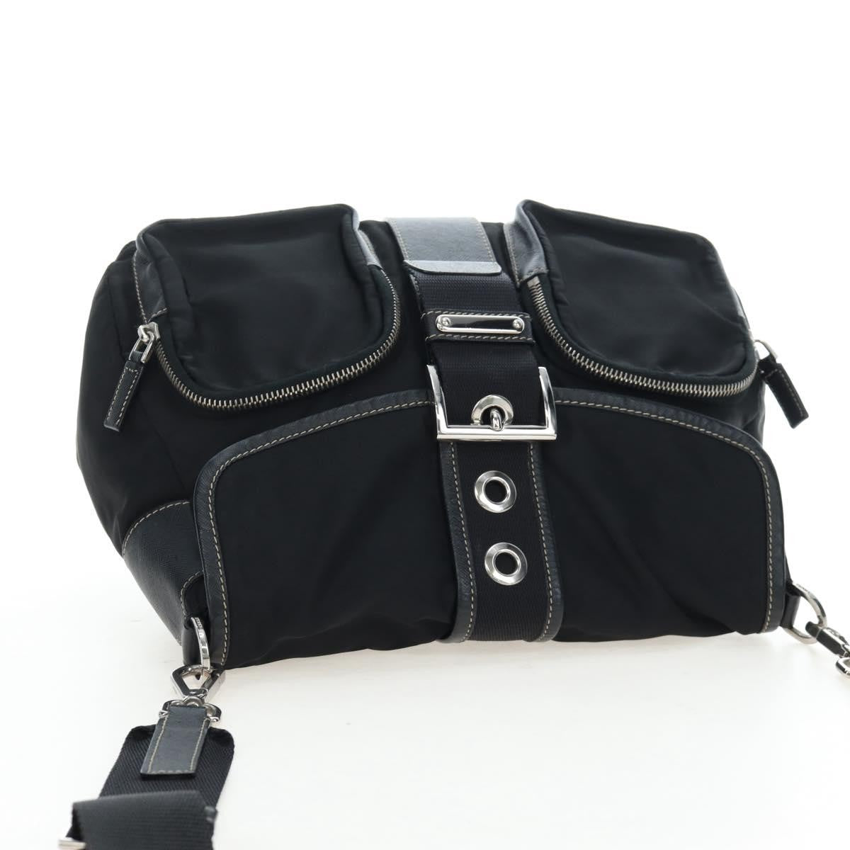Prada Double Pocket Buckle Flap Tessuto and Leather, Black, Nylon, Handbag