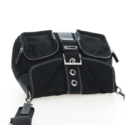 Prada Double Pocket Buckle Flap Tessuto and Leather, Black, Nylon, Handbag