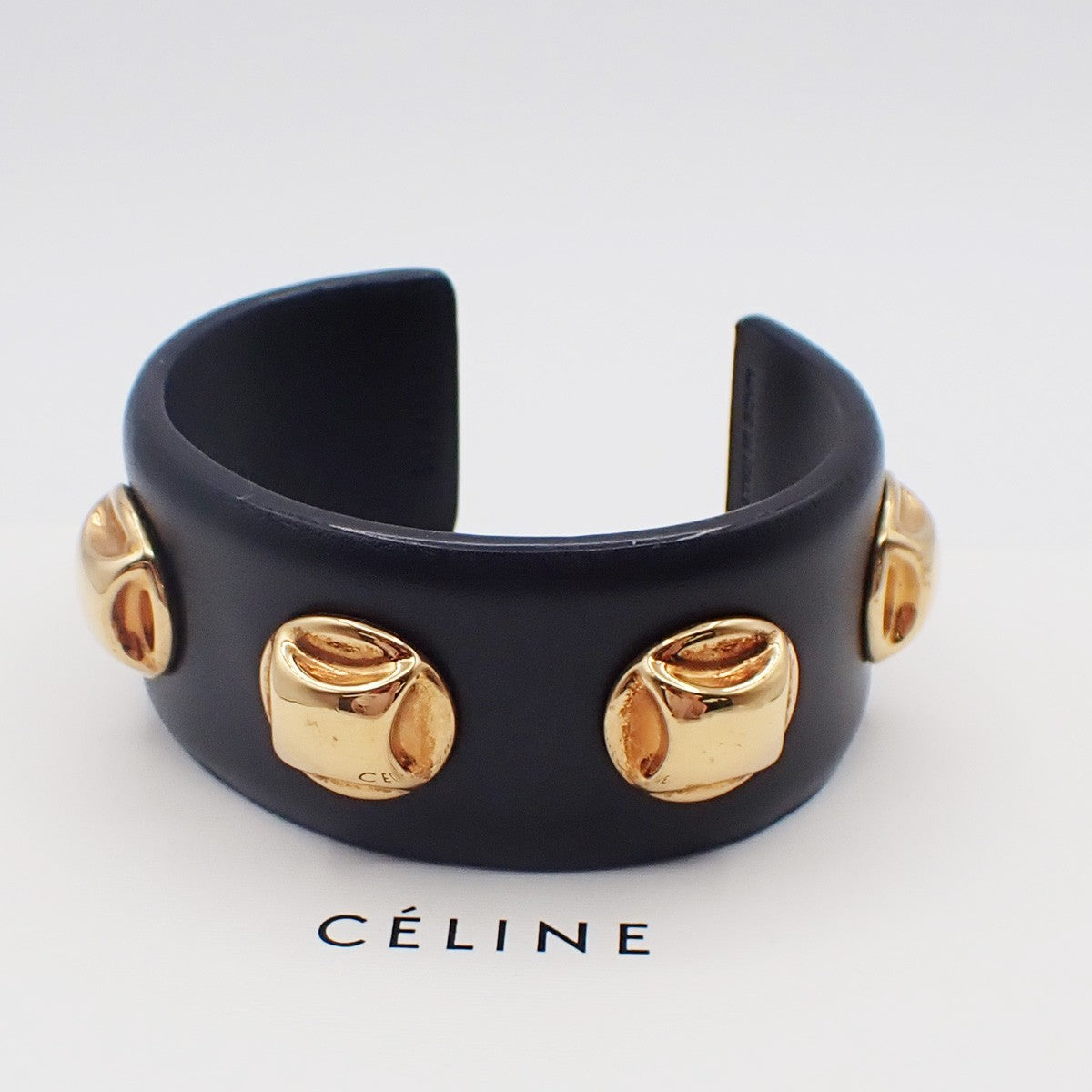 Celine Stud Cuff Leather and Plated Metal, Black, Leather, Bracelet