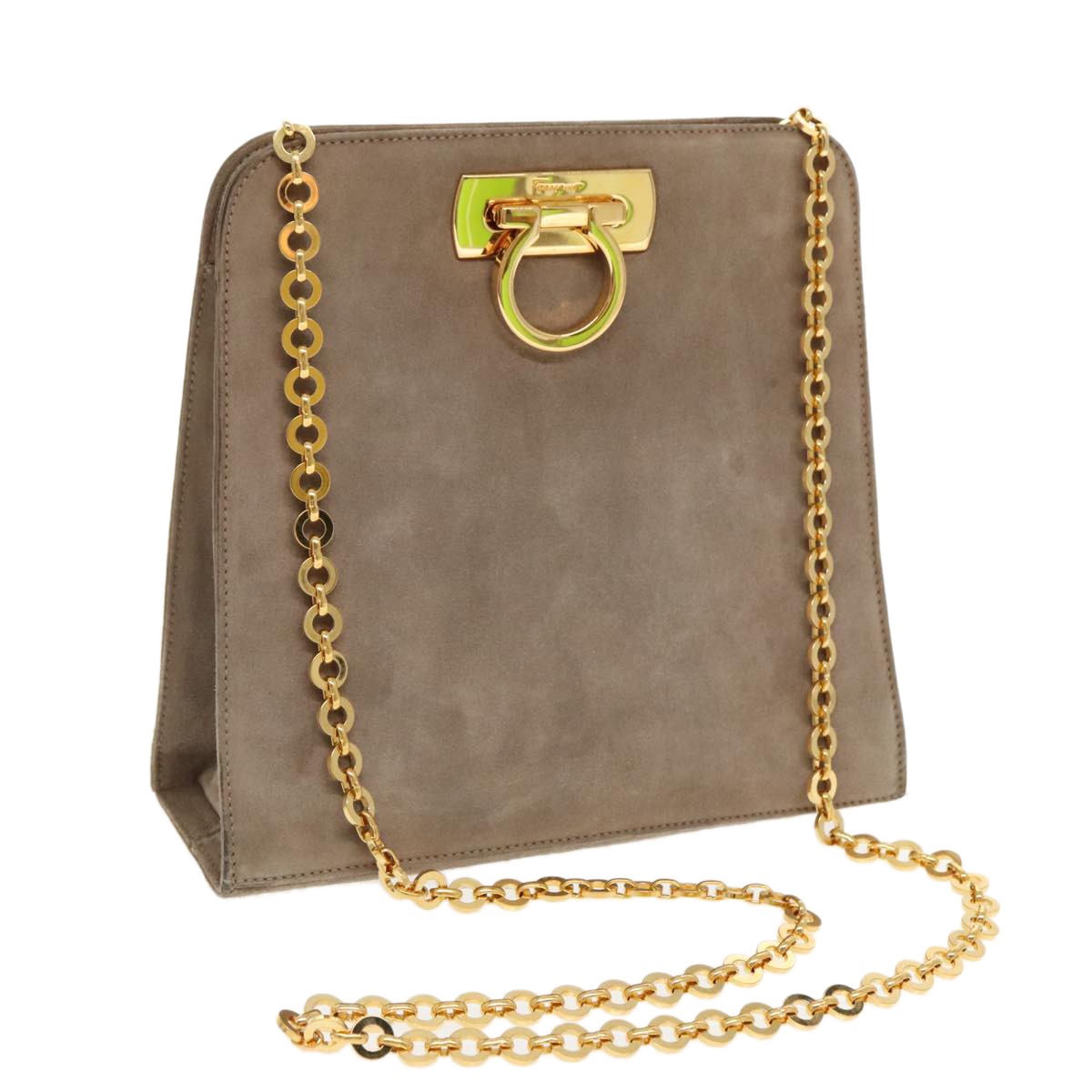 Salvatore Ferragamo Vintage Gancini Chain Suede, Brown, Suede, Shoulder Bag