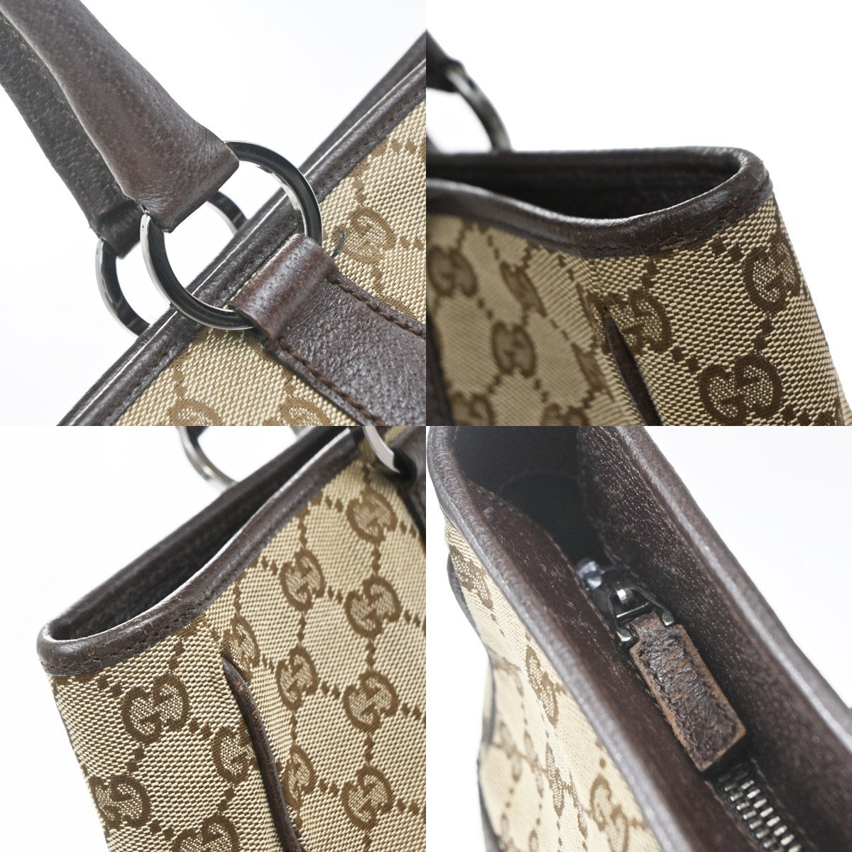 Gucci Vintage Ring Tote GG Canvas with Leather, Brown, Canvas, Tote Bag